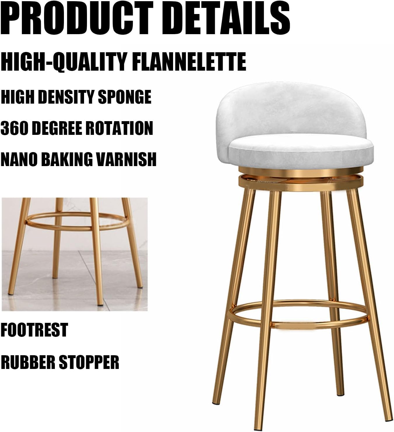 Bar Stools Set of 4, Counter Height 360 Degrees Swivel Bar Stools with Velvet Backs Performance Fabric Seat Island Chairs for Home Kitchen, Load Capacity 330LBS
