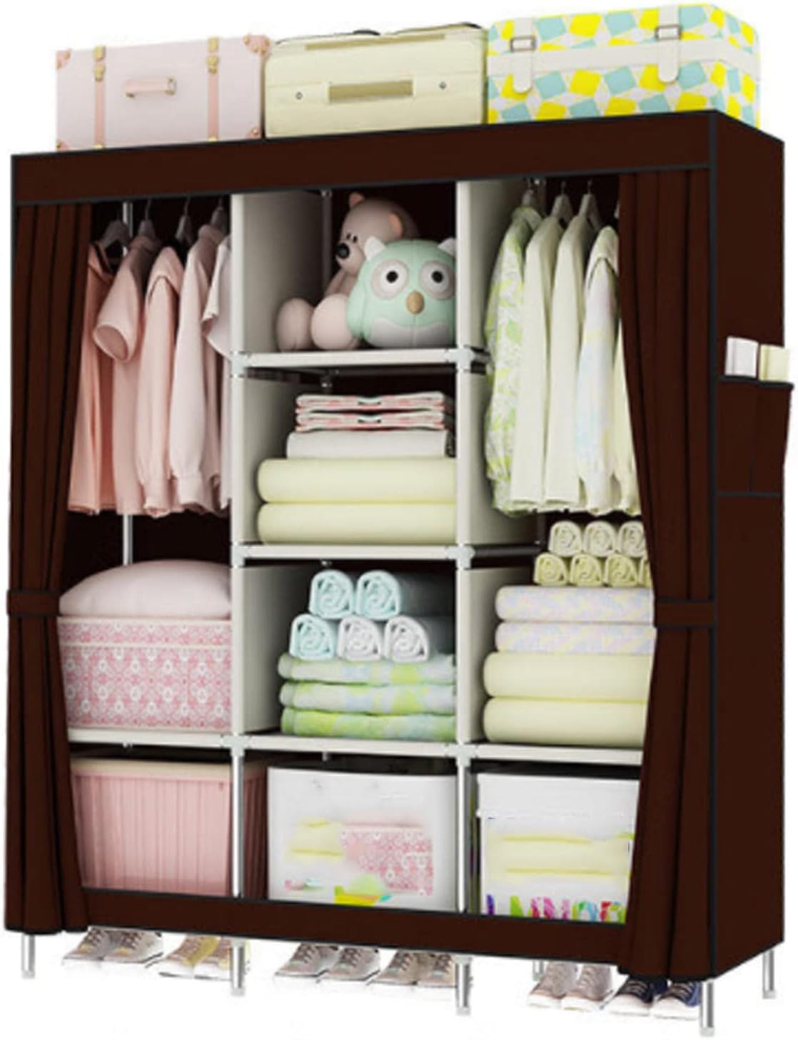 Armario,Armario de Lona Portátil,Armario de Tela con Barra para Colgar y Bolsillos Laterales,Armario Plegable para Dormitorio,Brown-128x45x170cm