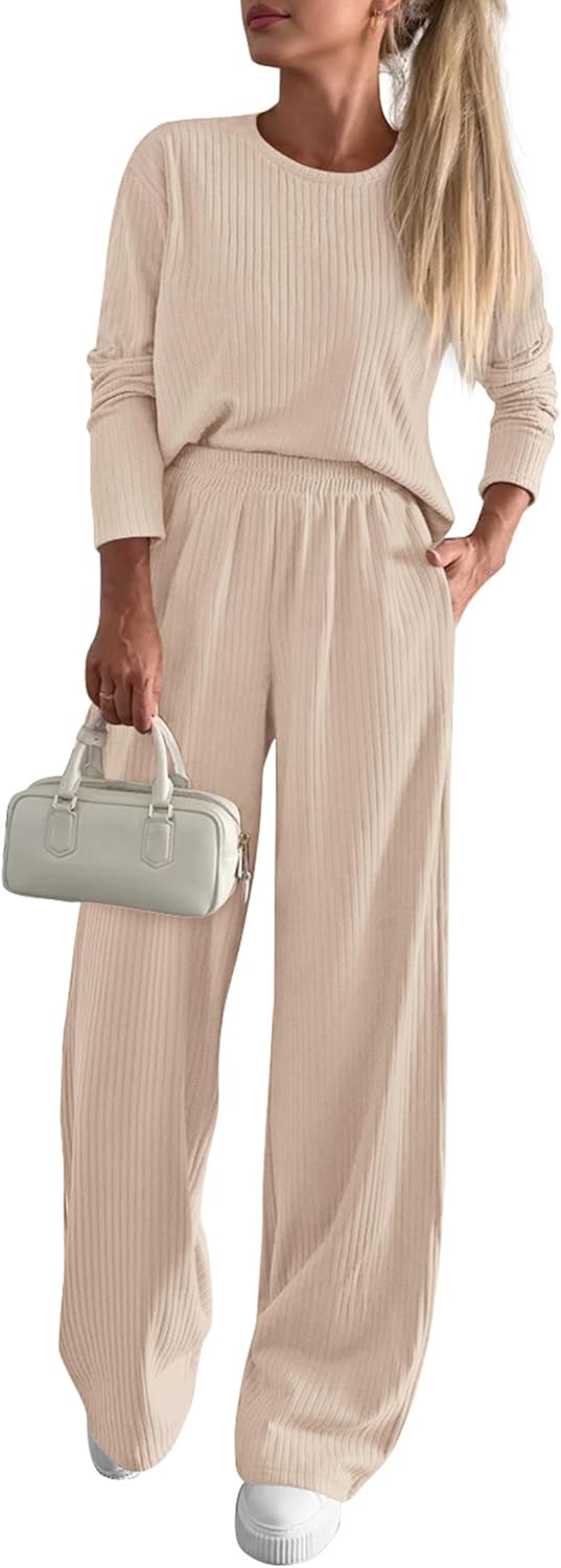 KIRUNDO Fall 2 Piece Lounge Sets for Women Long Sleeve Ribbed Knit Tops Wide Leg Pants Matching Travel Outfits Postpartum
