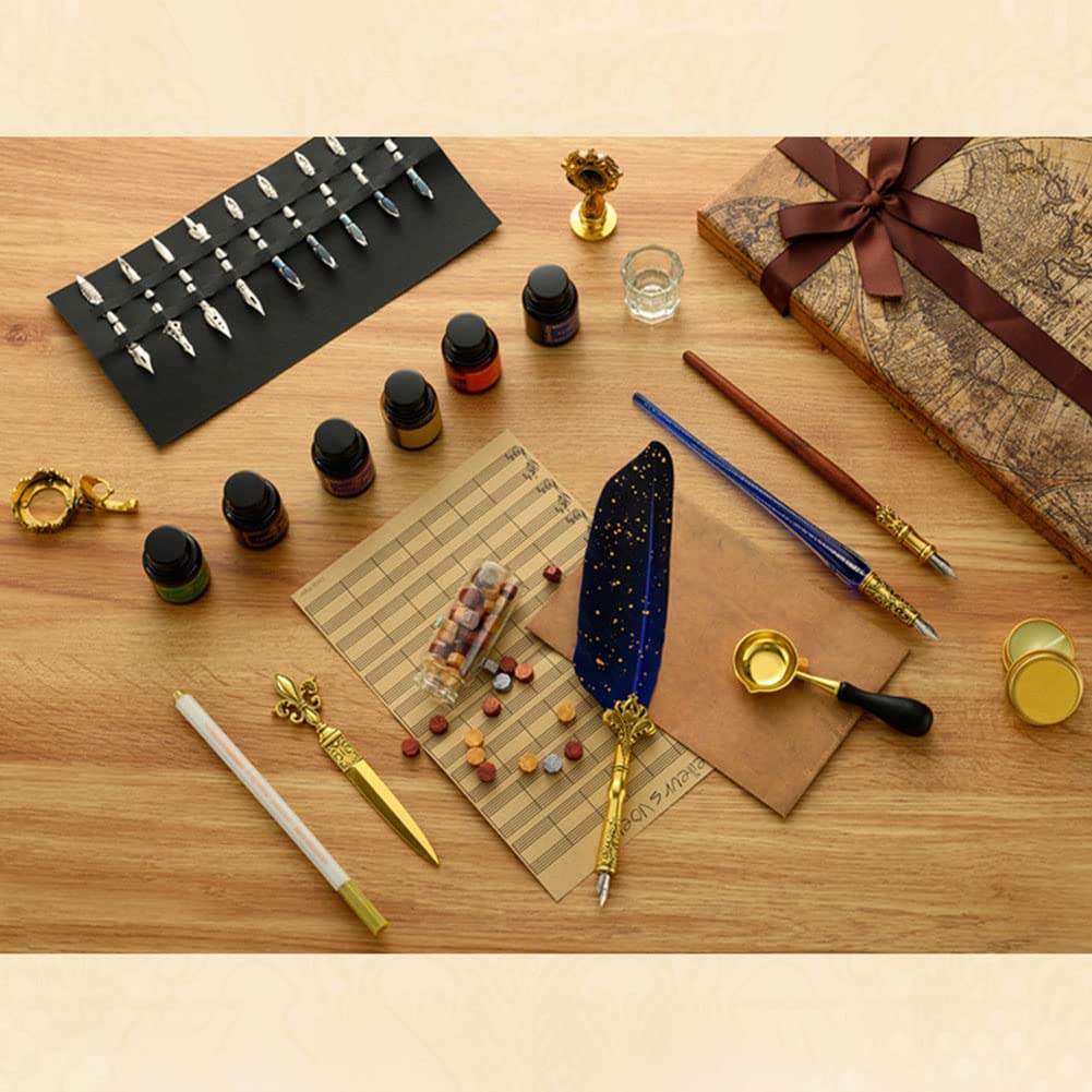 JAWSEU Stylo Dip à Plume Set, Plume Ecriture Stylo Calligraphie Plume à Encre Set avec 6pcs Encre, Stylo à Encre Rétro pour Signatures,Dessin,Ecriture,Décoration Et Cadeau