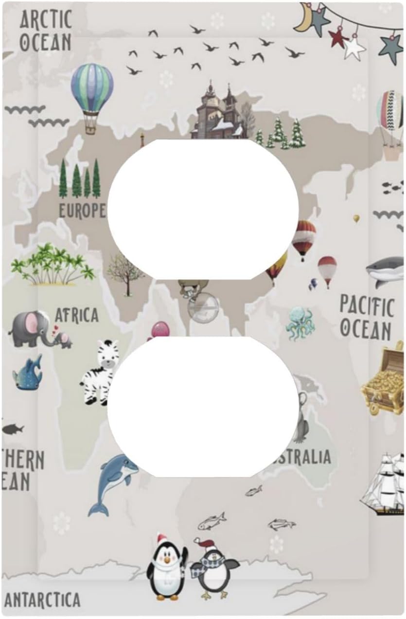 Outlet Covers Pastel Beige Cute Animals World Map 1 Gang Duplex Light Switch Cover Plate Decorative Wall Plates Electrical Switchplate Receptacle Cover for Nursery Kidsroom Decor