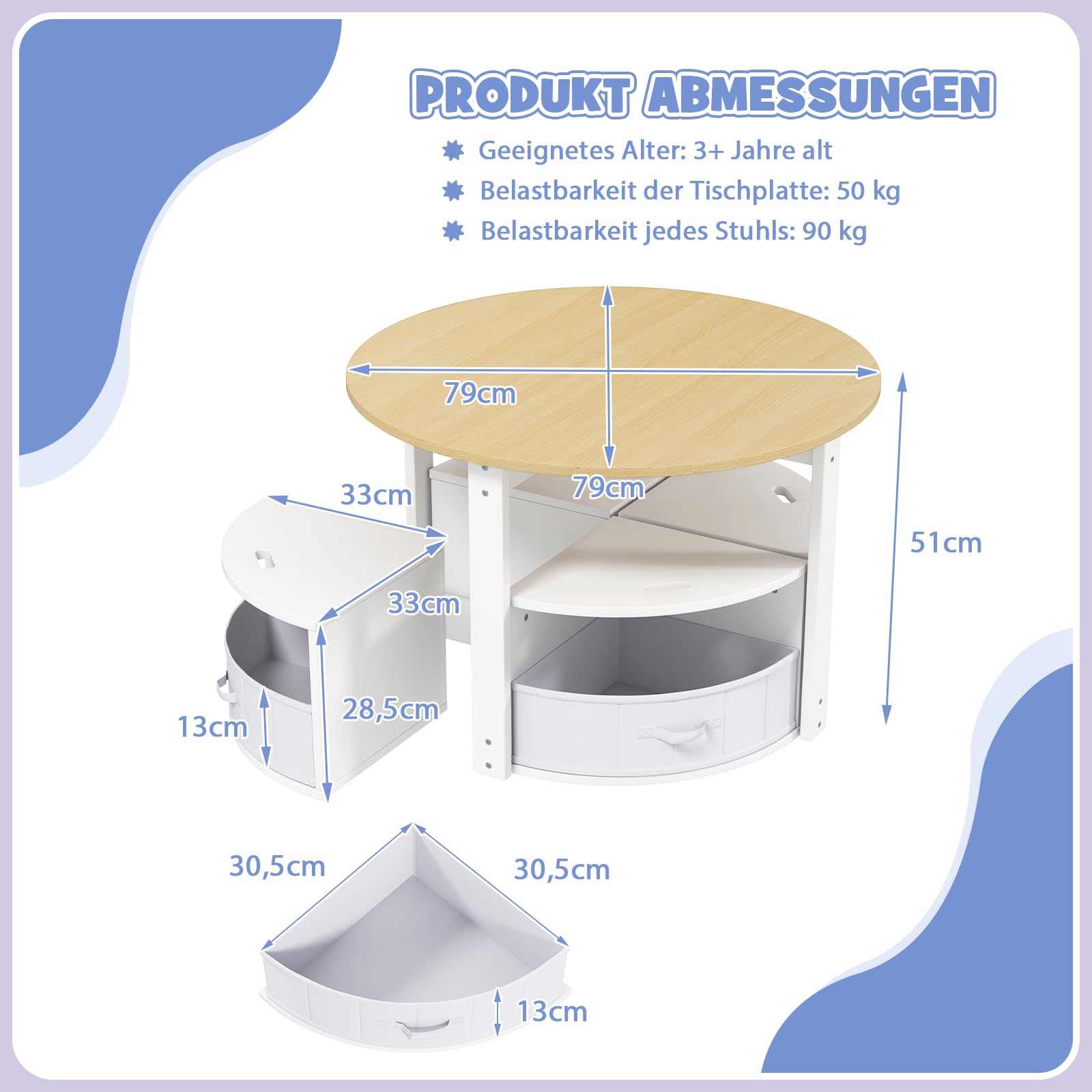 DREAMADE Kindertisch mit 4 Stühlen, Kindersitzgruppe mit 4 Hockern & 4 Stoffboxen, Kinder Tisch Stuhl Set, Kinder Maltisch Aktivitätstisch Set Kindermöbel für Kinderzimmer, Spielzimmer (Natur)
