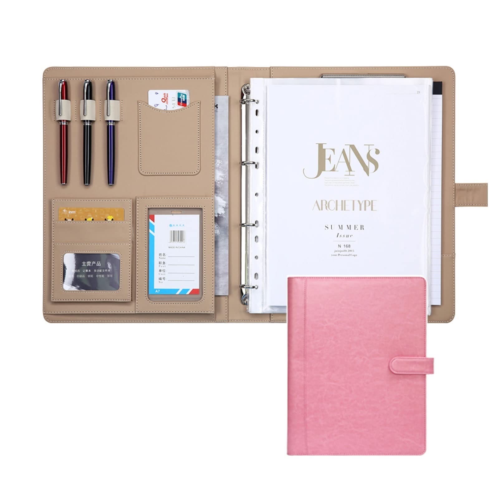 A4-Portfolios, Padfolio-Ordner, professioneller Reise-Organizer aus Kunstleder, for Dokumente, Präsentationsmappen, Visitenkarten, abnehmbarer 4-Ring-Notizblock mit Solarrechner (Color : Pink B, Siz