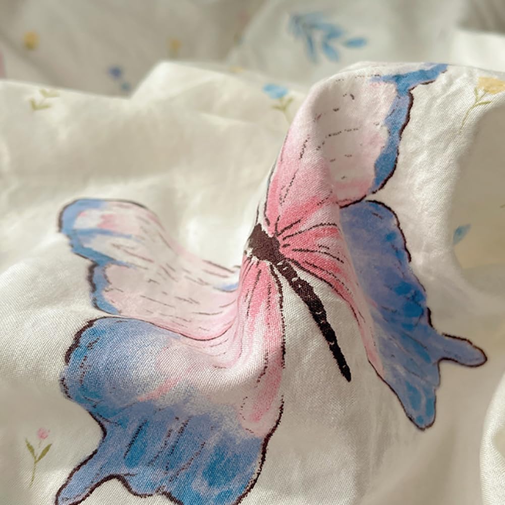 Nayoroom Butterfly Duvet Cover Queen Size Blue White Floral Duvet Cover 3 Pieces Girls Cute Dorm Bedding Sets Soft Lightweight Washed Microfiber Spring Cottagecore Bedding Set