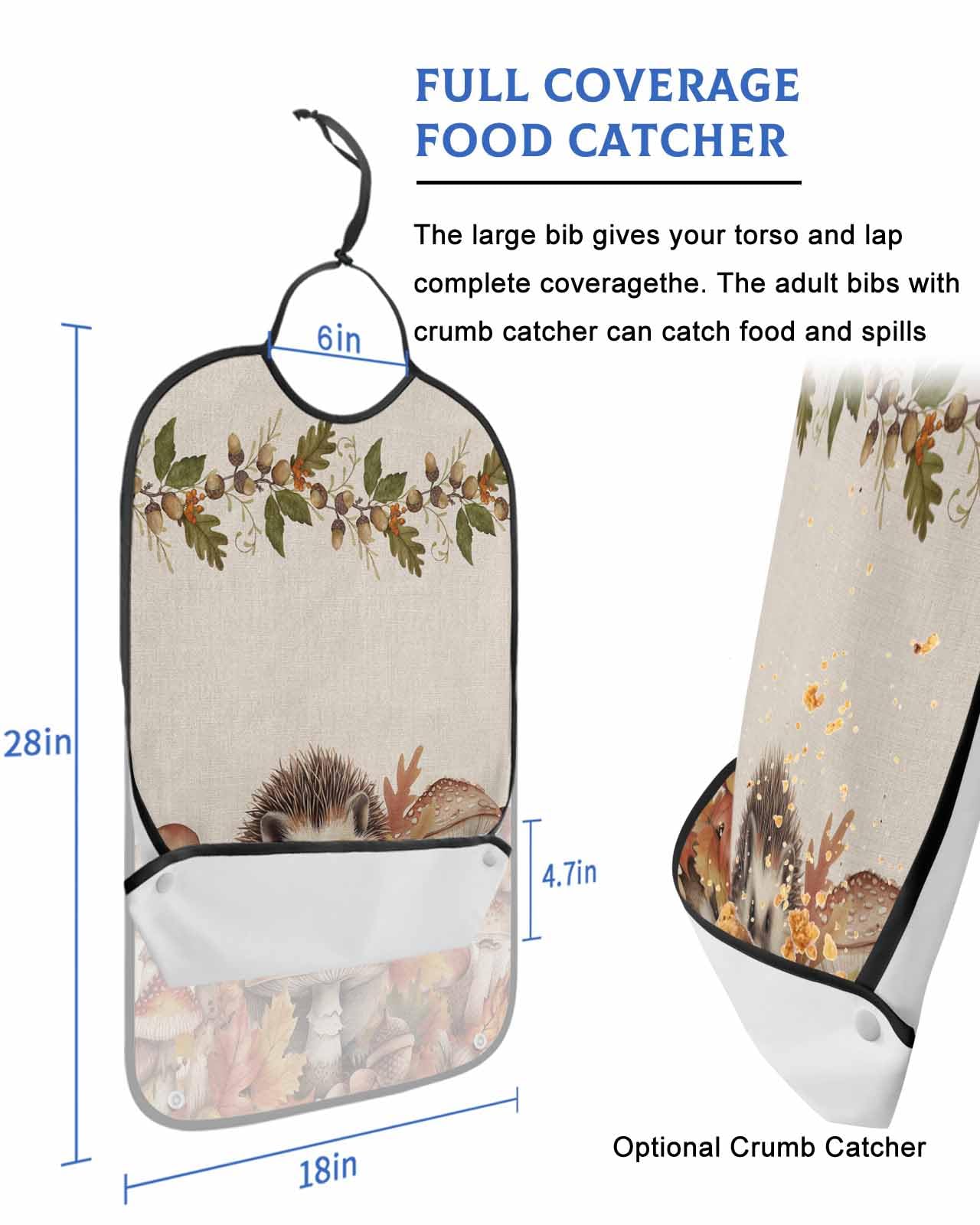 LEOKOTI Fall Mushroom Hedgehog Adult Bibs for Eating, Waterproof Bibs with Food Catcher & Adjustable Snap Closure, Thanksgiving Rustic Washable Clothing Protectors Adult Bibs for Elderly Women/Men