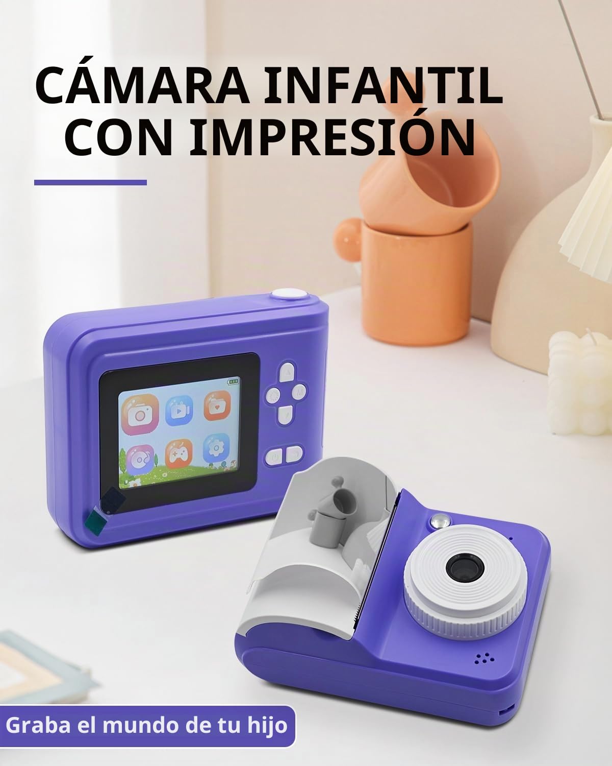 Impresora instantánea para niños, cámara con Pantalla LCD, Juegos, vídeo y Fotos, Incluye 3 Rollos de Papel fotográfico