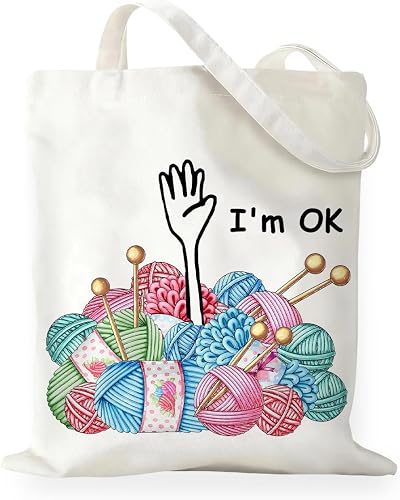 Funny Crochet Tote Bag Gifts for Crocheters Yarn Knitting Lover Mom Grandma, I'm OK Crochet Canvas Tote Bag
