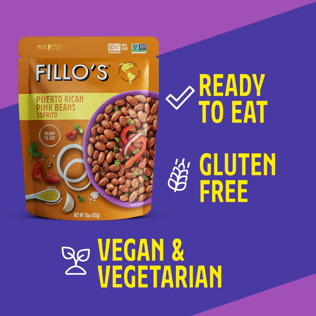 Fillo's Puerto Rican Pink Beans, Ready to Eat Sofrito Beans, 10 oz Pk of 6, Gluten-Free, Preservative-Free, Microwavable Meals, Non-GMO, Vegan, Plant Protein
