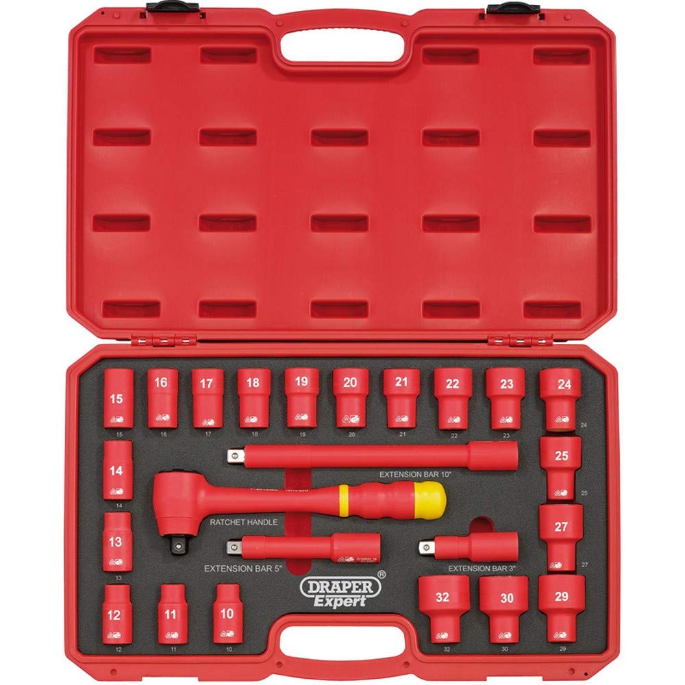 Draper 31070 VDE-Steckschlüsselsatz, 1/2 Zoll, Vierkantantrieb, 24-teilig – Blau & Sicher Nach EU-Norm