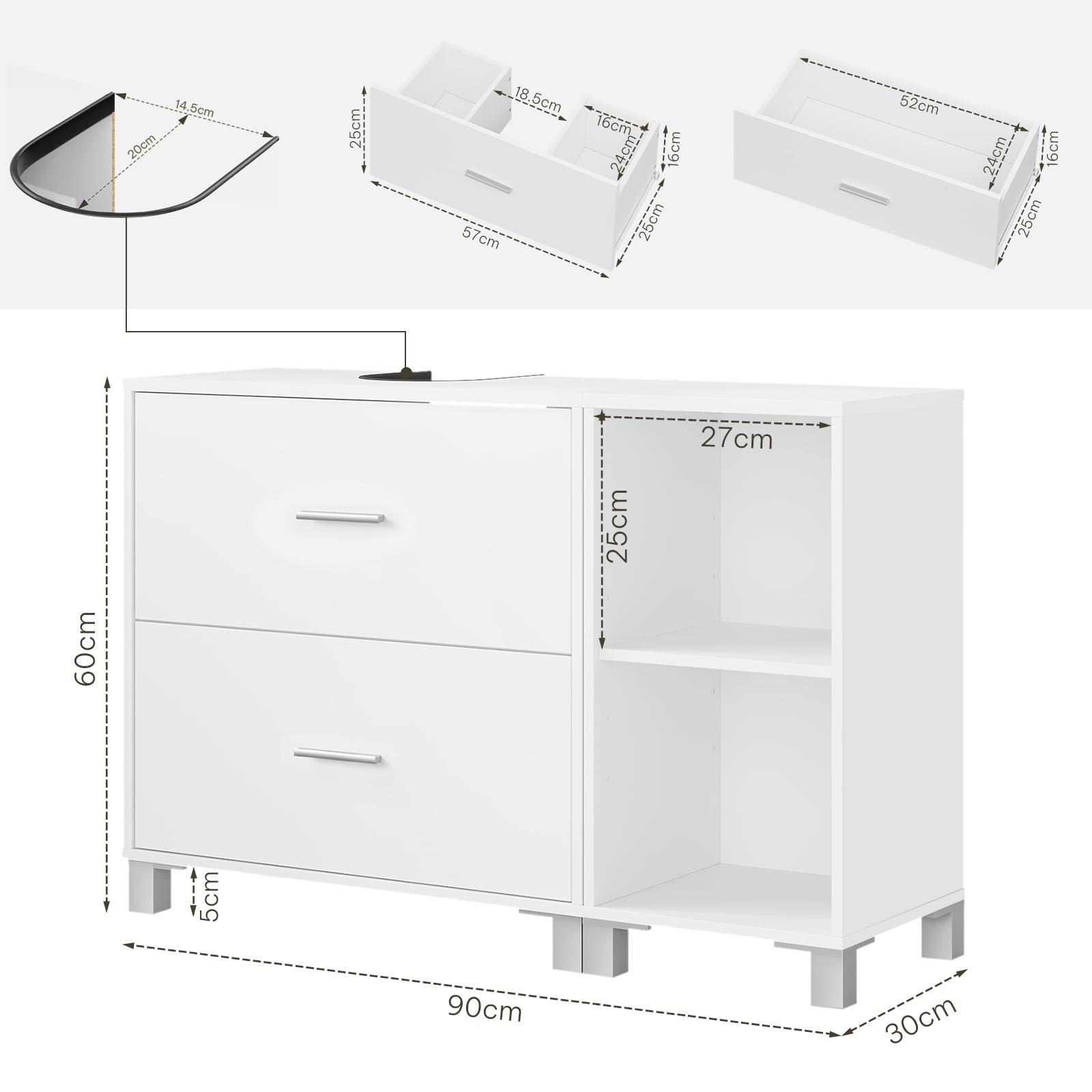 eSituro Armario de Baño de Pie, Mueble Bajo Lavabo con Cajones, Mueble Auxiliar de Baño, Estante Ajustable, Recorte Sifón 14,5 * 20 cm, Blanco