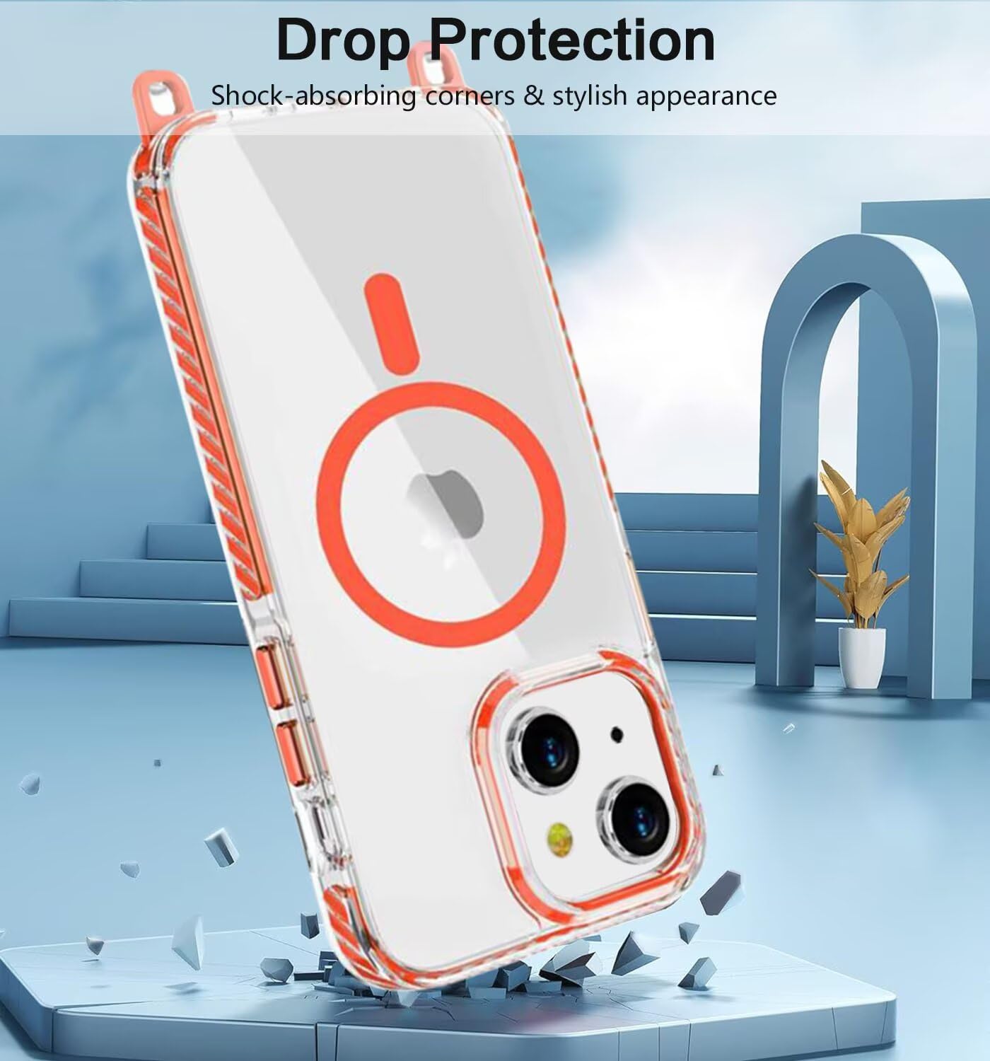 Custodia IPhone 15 Pro Con Cordino Tracolla – MagSafe Trasparente, TPU Antigiallo, Arancione