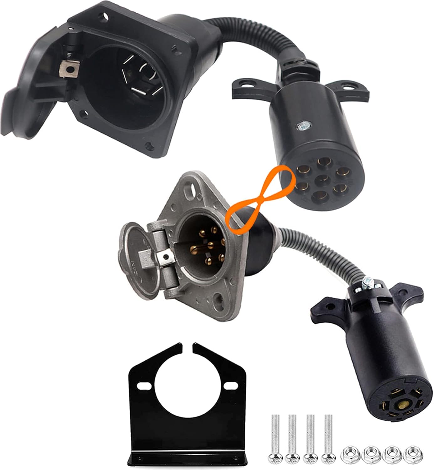 7 Pin Round to 7 Way RV Blade Trailer Adapter Wiring Connector and Opposite 7 Way Trailer Electrical Adapter Connector Bundle