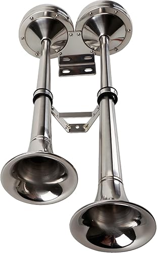 Miniatura 3 de AOLIHAN Bocina de barco marino de 12 V, impermeable, de acero inoxidable, bocina de trompeta doble para barcos, barco, velero, yate, vehículo