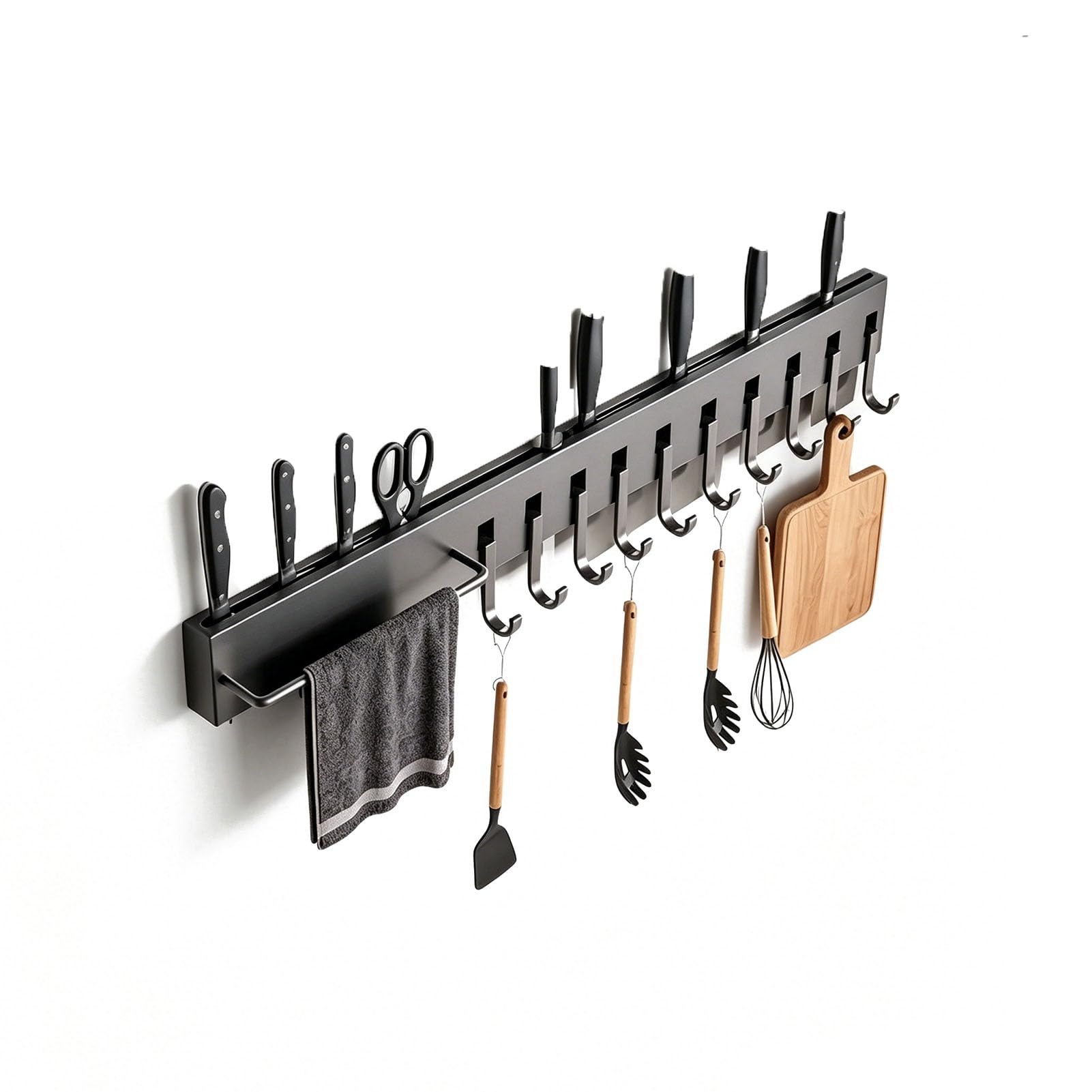 TBATM Kitchen Wall Organizer Rack with Knife Storage, Utensil Hanging Hooks, Cutlery Slot, Multifunctional Wall Mounted Holder for Kitchen Knives, Cooking Tools, Spoons and Forks,60cm