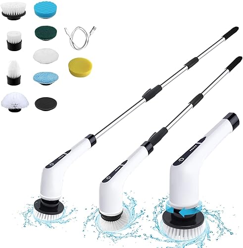 Miniatura 2 de Fregador eléctrico inalámbrico con 8 cabezales de cepillo - 3 longitudes ajustables (124354 pulgadas), 2 velocidades (300400 RPM), tiempo de