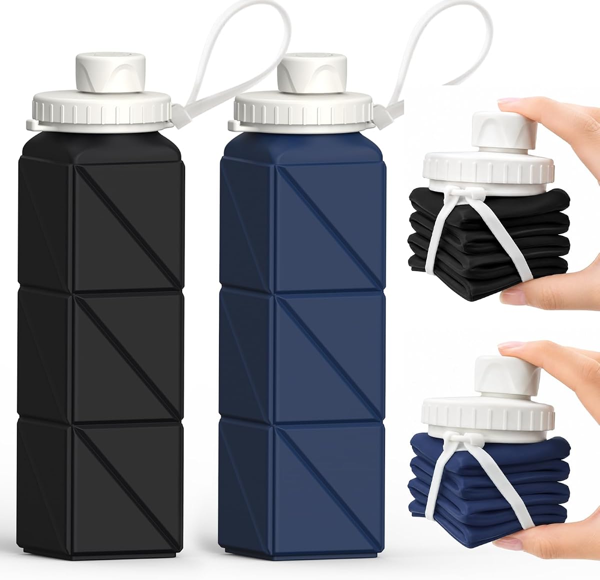 BEAUTAIL Collapsible Water Bottles 21oz/610mL, Silicone Travel Water Bottle | BPA Free, Leakproof & Reusable, Foldable Water Bottle for Traveling, Hiking, School, Sports, Outdoor, 2-Pack, Black+DarkBlue