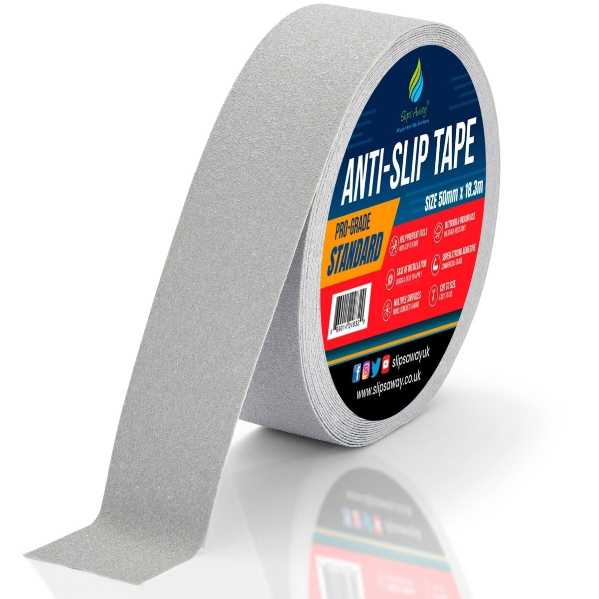 SlipsAway Anti-Slip Tape Roll - Strong Adhesive Grip Tape for Stairs Tread, Ramp & Deck - 50mm x 18.3m Waterproof Non-Skid Tape for Indoor/Outdoor Use - Made in the UK - Grey