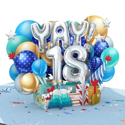 Liif Blue Balloons 18th birthday card, Happy 18 Birthday Card, 3D Greeting Pop Up Birthday Card, 18 Years Old , Eighteen,For Boys, Son, Grandson, Nephew,With Message Note & Envelop,Size 7x5 Inch
