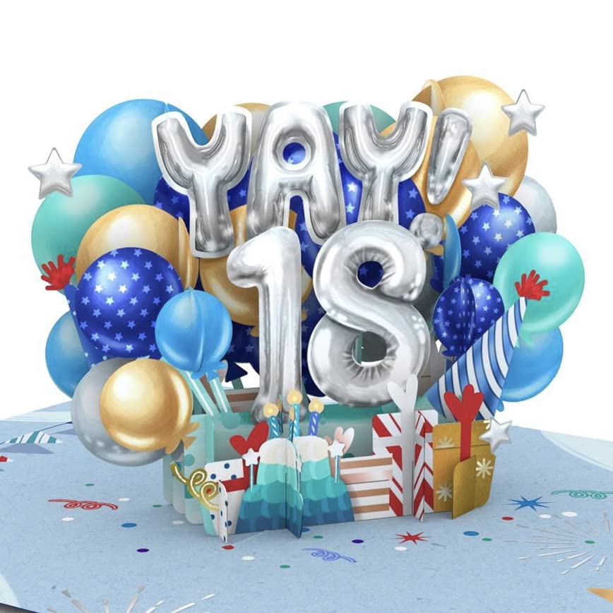 Liif Blue Balloons 18th birthday card, Happy 18 Birthday Card, 3D Greeting Pop Up Birthday Card, 18 Years Old , Eighteen,For Boys, Son, Grandson,