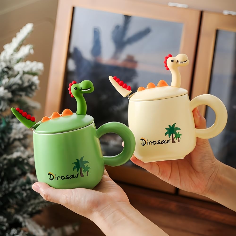 3D Dinosaurier Keramik Kaffeetasse mit Deckel & Löffel, 380ml, süße lustige Tasse für Kinder, Frauen, Männer, kreatives Geschenk zu Weihnachten, Geburtstag (4er Set Beige)