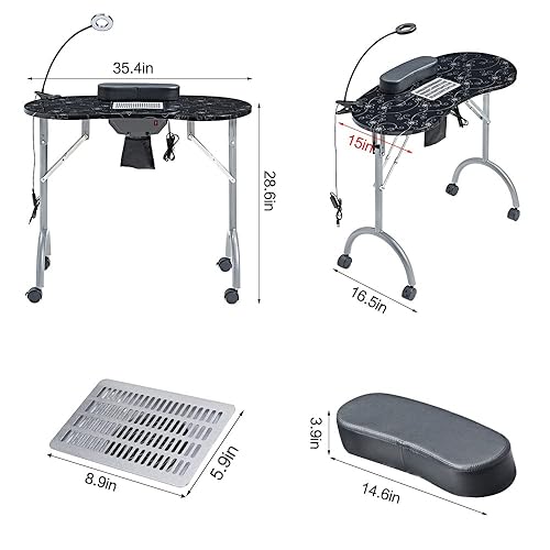 Miniatura 6 de Estación de uñas plegable portátil con luz LED USB y 3 bolsas limpiadoras para el spa casero, mesa de manicura con almohadilla de muñeca cajón