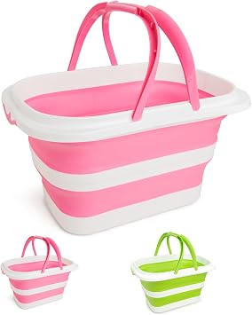 Large Collapsible Bucket for Cleaning, 4.2 Gallon 16L Silicone Bucket with Handle & Hanging Hole, Foldable Space-Saving Mop Bucket for Home, Storage. Car Wash, Camping, Beach Pink White