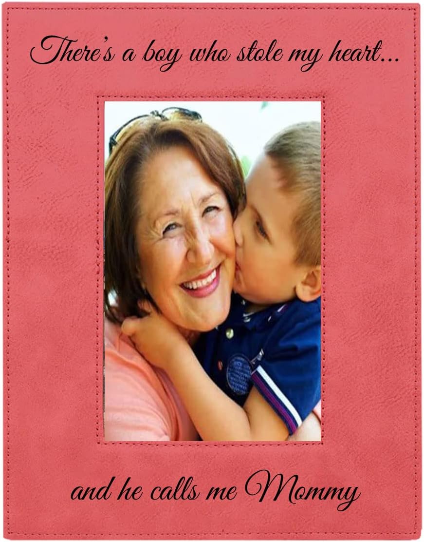 CustomGiftsNow There's a boy who Stole My Heart…and he Calls me Mommy Laser Engraved Faux Leather Pink Leatherette Wall Hanging/Tabletop Picture Group Family New Grandchild Baby Photo Frame
