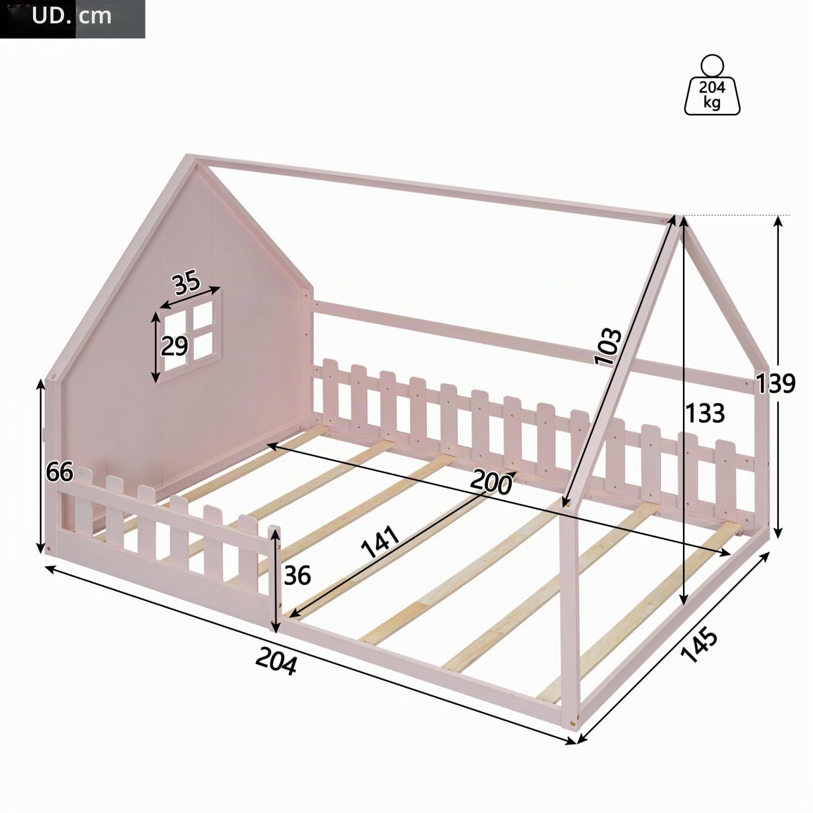 Cama infantil, cama Montessori, cama de madera de pino macizo, cama individual con forma de casa para niños o niñas, sin colchón (rosa, 140 x 200 cm)