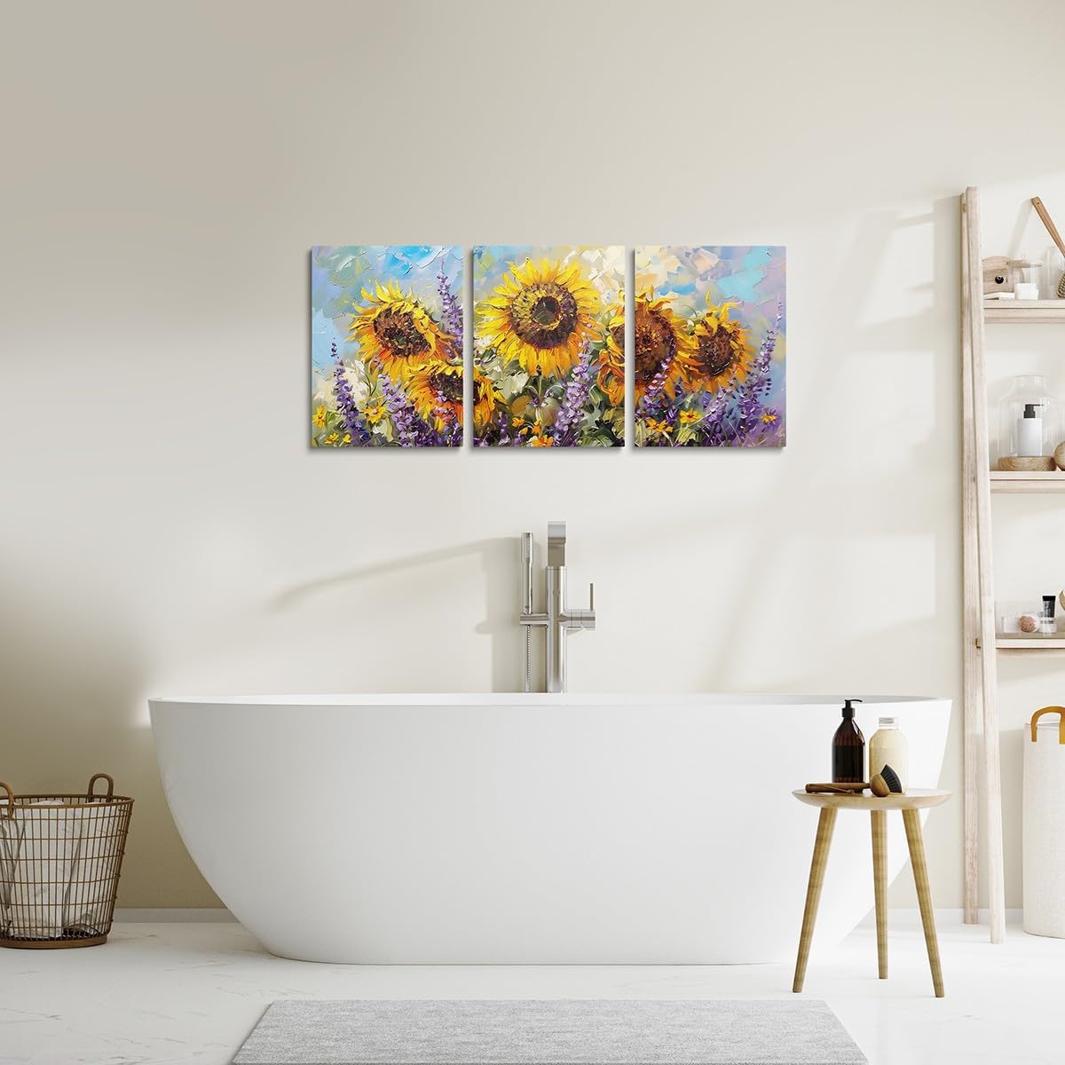 Sunflowers Canvas Wall Artwork Decor,Purple Lavender Florals Plants Botanical Wall Painting for Girls Women,Rustic Farmhouse Cabin Poster Pictures,Yellow Bright 3 Pieces Framed Canvas Wall Art