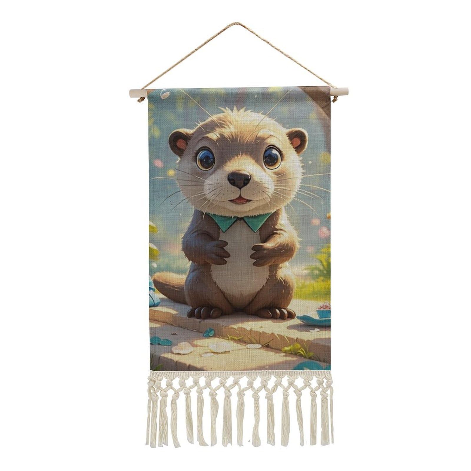 FekiLoot Cute Otter Wall Art Poster Hanger Frame Vertical Tassel Tapestry Cotton Linen Hanging Poster Decorative Wall Art Prints Vintage Wall Art Decor for Home Bedroom Living Room Office