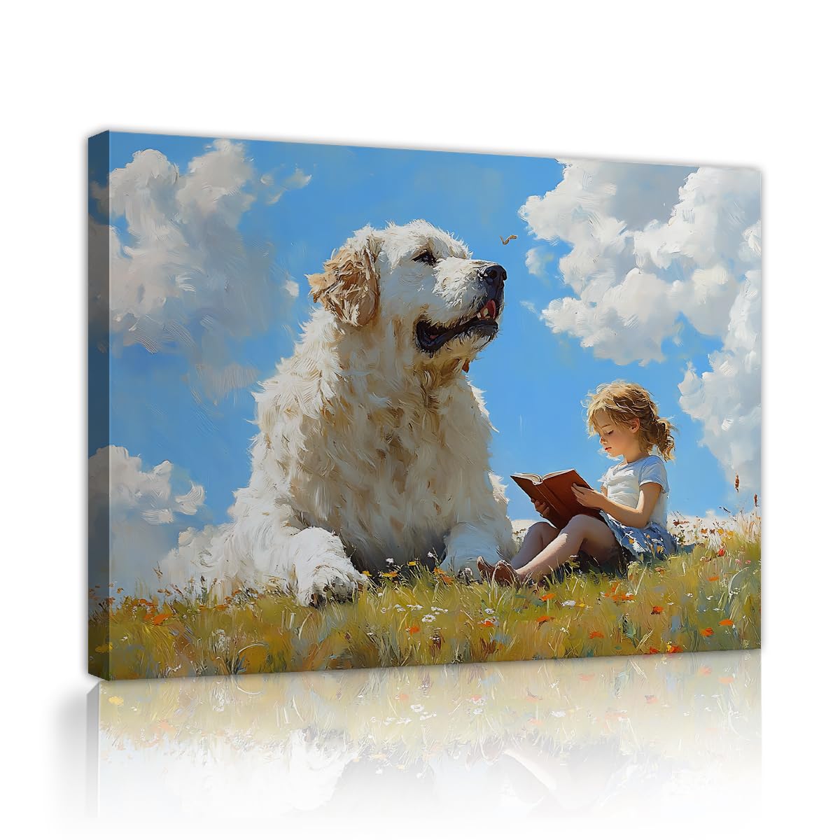 Via Vela Kapryśny Golden Retriever płótno sztuka ścienna oprawiona mała dziewczynka czytająca książkę plakat impresjonistyczne błękitne niebo łąka pies grafika obrazy do pokoju dziecięcego 70 x 90 cm