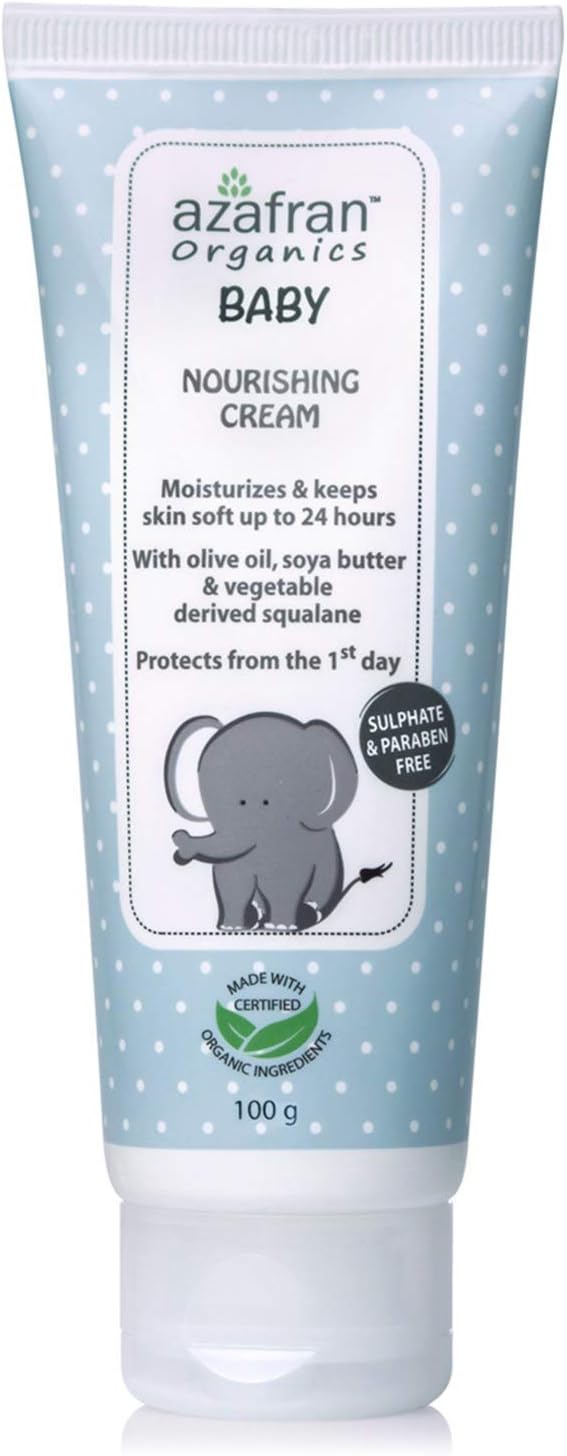 Azafran Organics Baby Skin Moisturizer for Soft Skin, Clinically Tested, Gentle Nourishing Cream With Soya Butter, Olive Oil, Vegetable Squalane, Certified Organic Ingredients, 100g