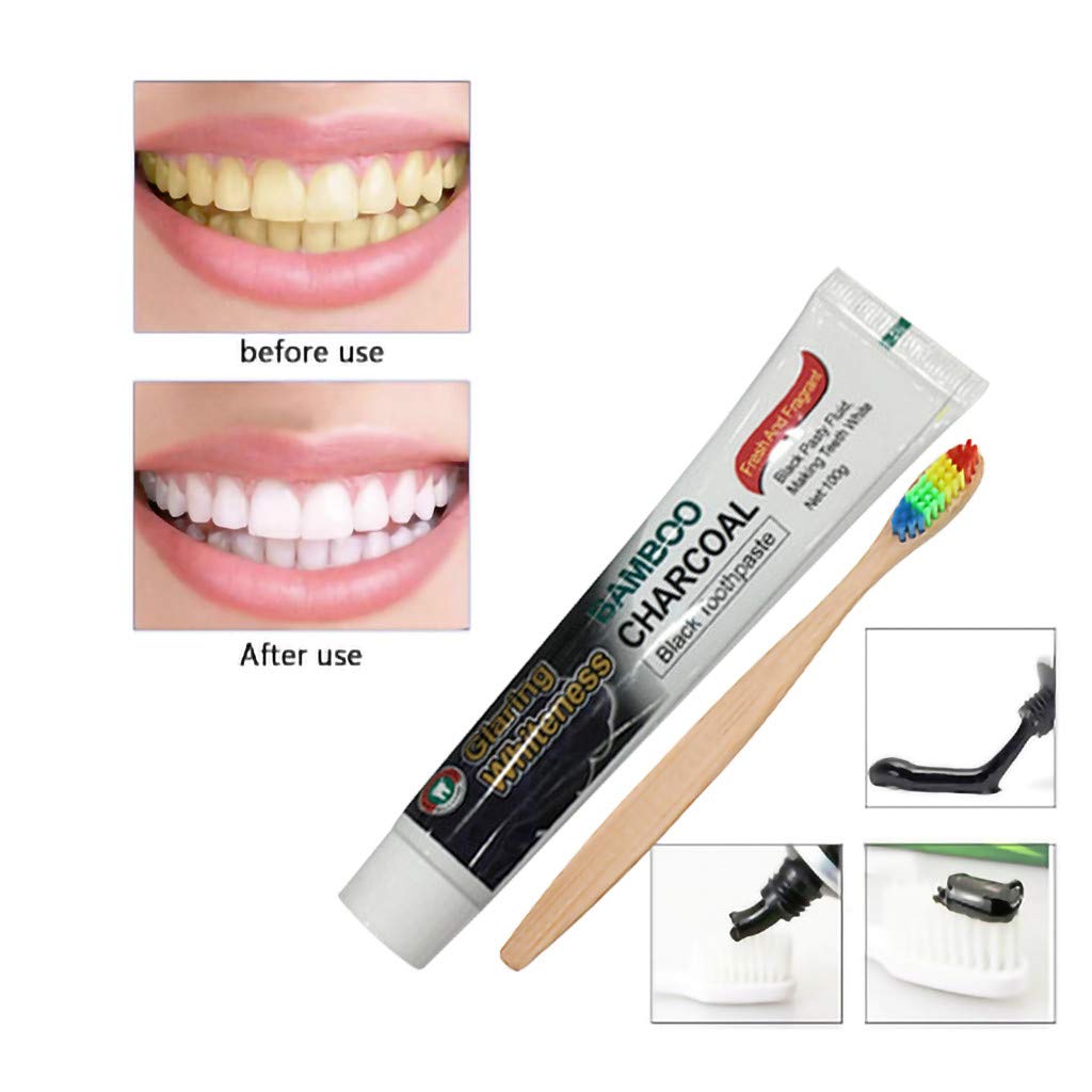Hunputa Activated Charcoal Toothpaste (100g) and Bamboo Toothbrush Teeth Whitening Kit. Eliminates bad breath, Prevents tooth decay, Removes smoke and coffee stains, Vegan, Fluoride Free