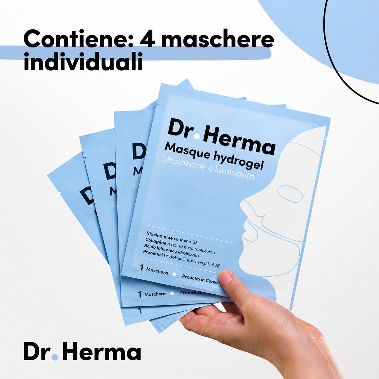 Dr. Herma Maschera Hydrogel (12 pezzi) - Maschera viso coreana per donne con acido ialuronico, collagene e niacinamide - Anti-età, illuminante, e affinante i pori per tutti i tipi di pelle