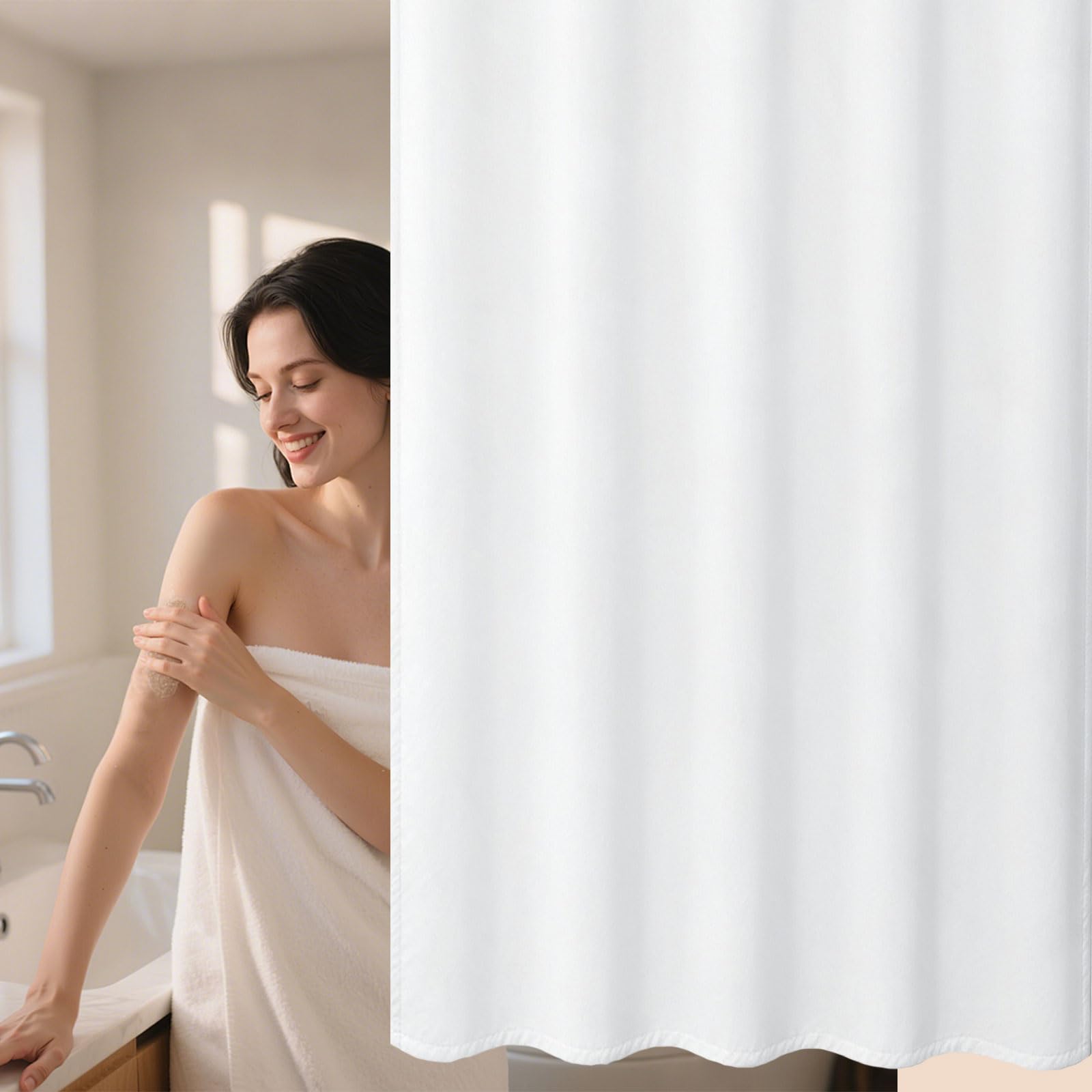 Rideau Douche 180 x 200 cm Anti Moisissure Imperméable Lavable Rideaux Salle de Bain Modern avec Œillets et Crochets pour Baignoire, Salle de Bain, Blanc