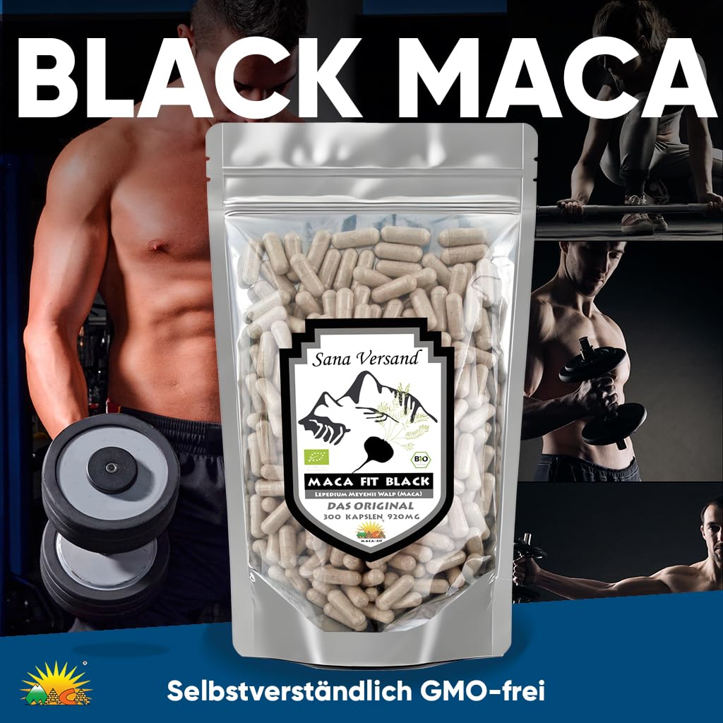 Maca Fit Kapseln Black 300 BIO Pulver Original aus Peru | Junin Bombon Zertifiziert, Reine schwarze Maca-Wurzel, Ohne Zusatzstoffe, Vegan, Gluten- und Laktosefrei