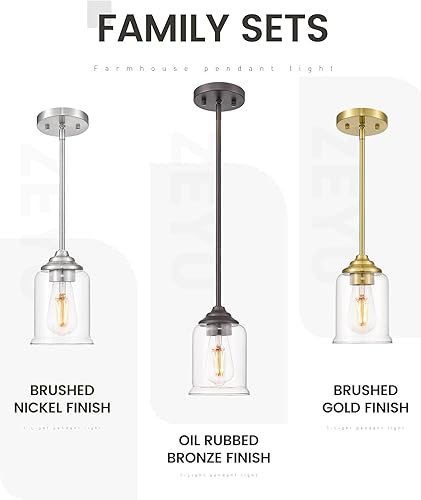 Miniatura 5 de zeyu ZSL104MIL-2 ORB - Paquete de 2 lámparas colgantes modernas para isla de cocina con pantalla de vidrio transparente, acabado de bronce aceitado