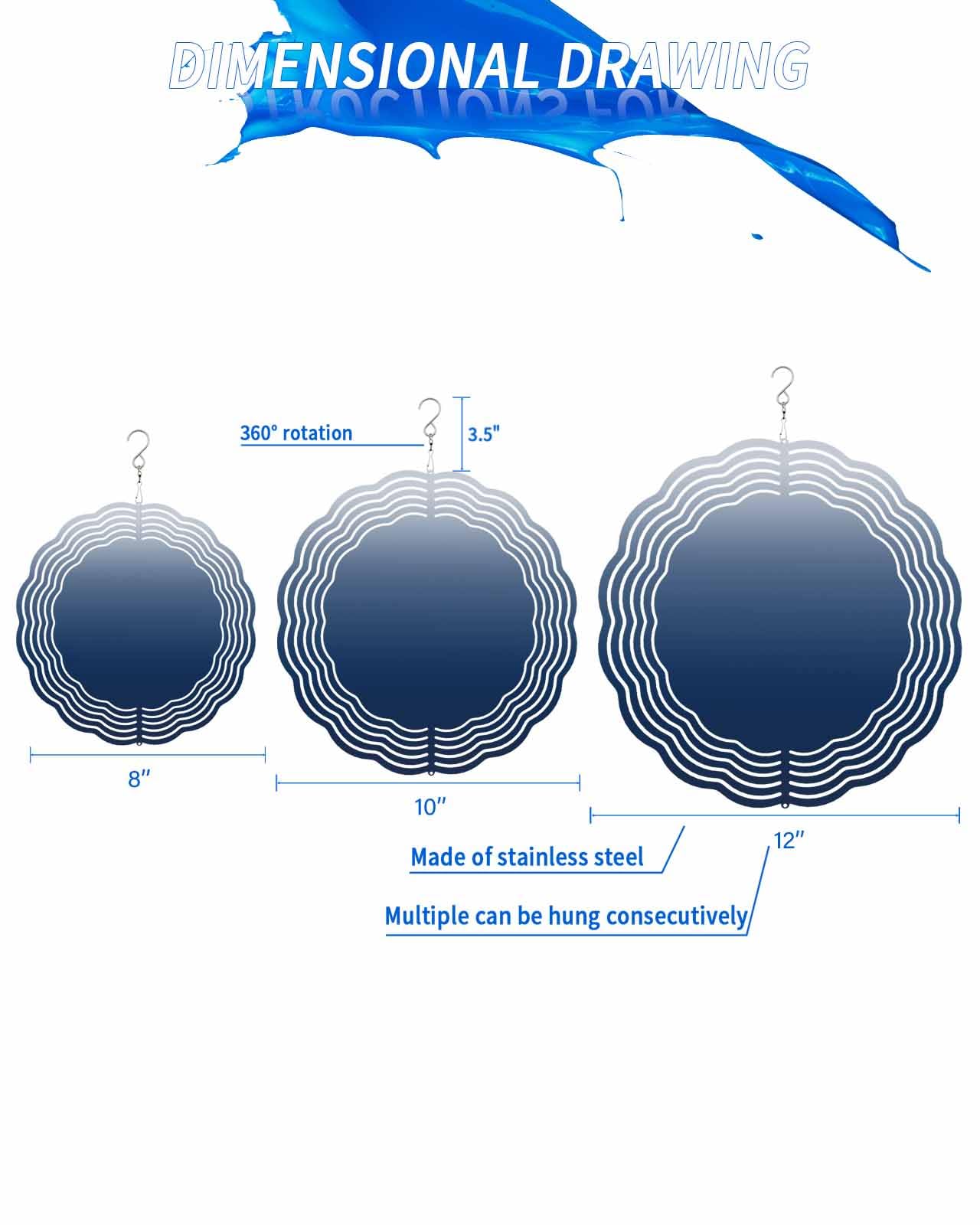 Vintage Wind Spinners, Gradient Navy Blue Hanging Wind Spinners for Yard and Garden 3D Stainless Steel Metal Sculptures Crafts Ornaments 10 Inch