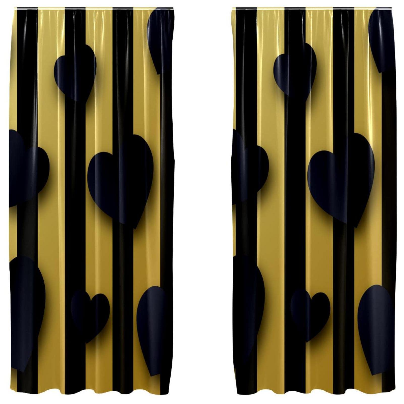 Rideaux occultants jaunes et noirs à rayures et cœurs pour chambre en microfibre 140x213 cm