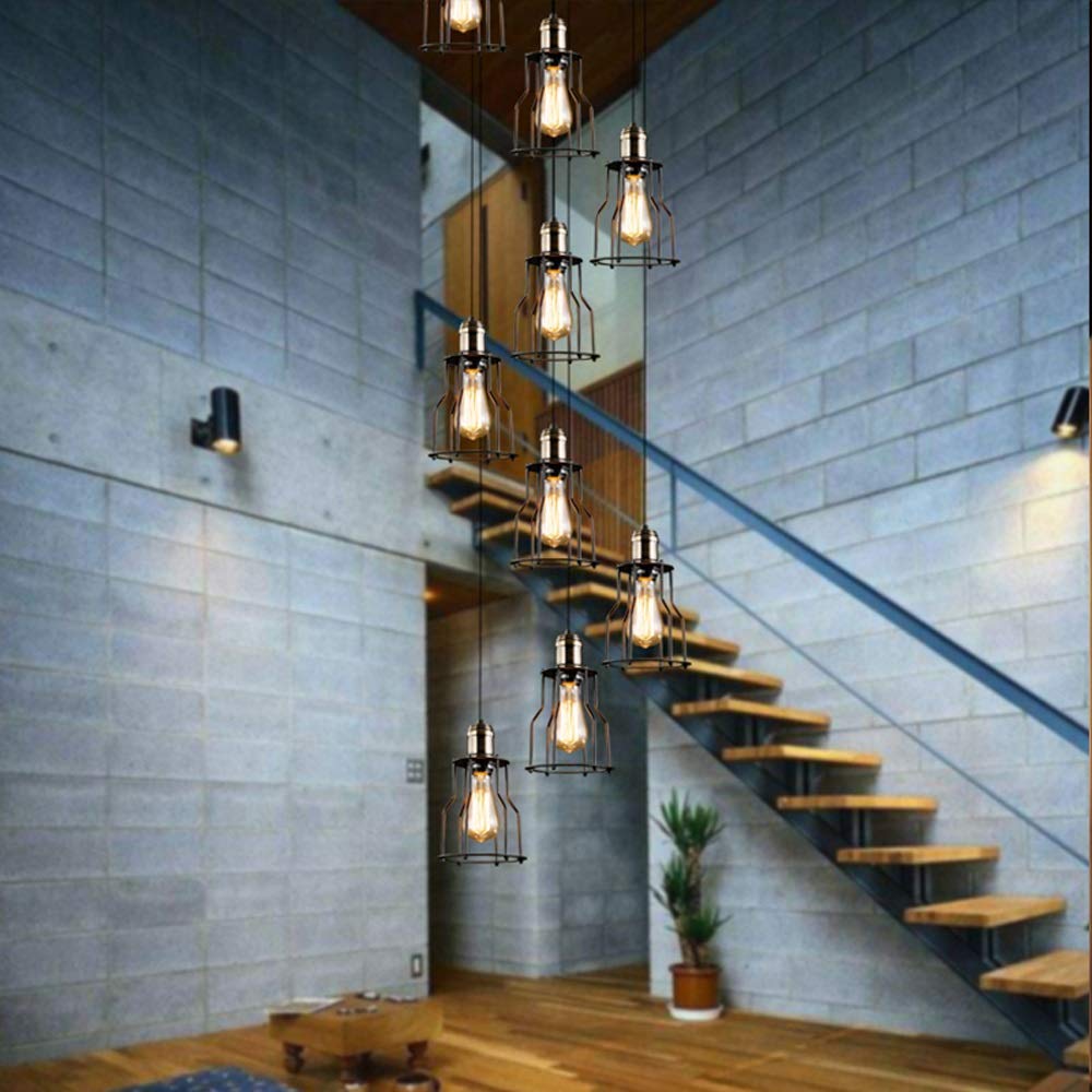 PCXEHUYP 8 Lights Retro Stair Light Long Moderm Industrial Style Complex Building Apartment Living Room Ceiling Lamp Wrought Iron Spiral Staircase Black, 40x200cm