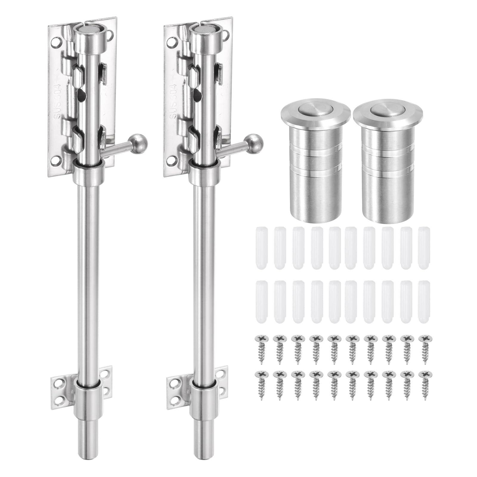 sourcing map 2-Pack Slide Bolt Latch, 12 in 304 Stainless Steel Barrel Bolt Latch Heavy Duty Door Latches Lock 14mm Dia Bar with Dust Container for Barn Wooden Fence Shed Door [Silver]