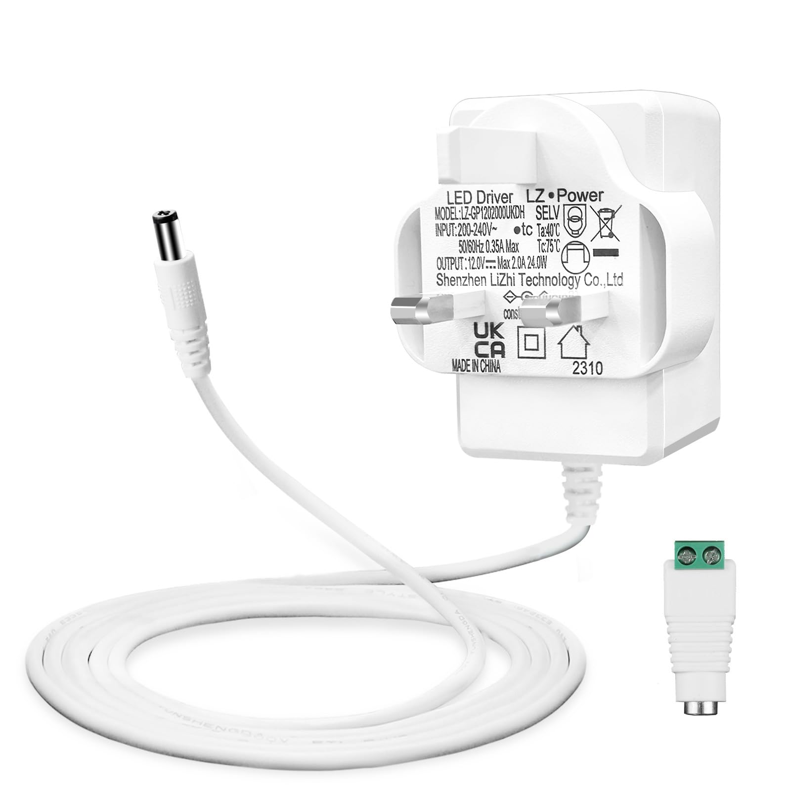 12V 2A Power Supply for LED Strips, Transformer AC 200-240V to DC 12V Driver Converter Adapter 24W with 5ft/1.5m Long Cable, UK Plug, 5.5 x 2.1mm Jack, UKCA Approved, White