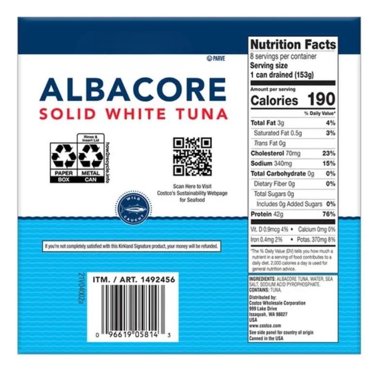 Albacore Solid White Tuna in Water, Wild Caught, High Protein, Made from solid white albacore tuna with a firm texture and mild, clean flavor, 8-Count [ 56 oz, 3.5 lb ]