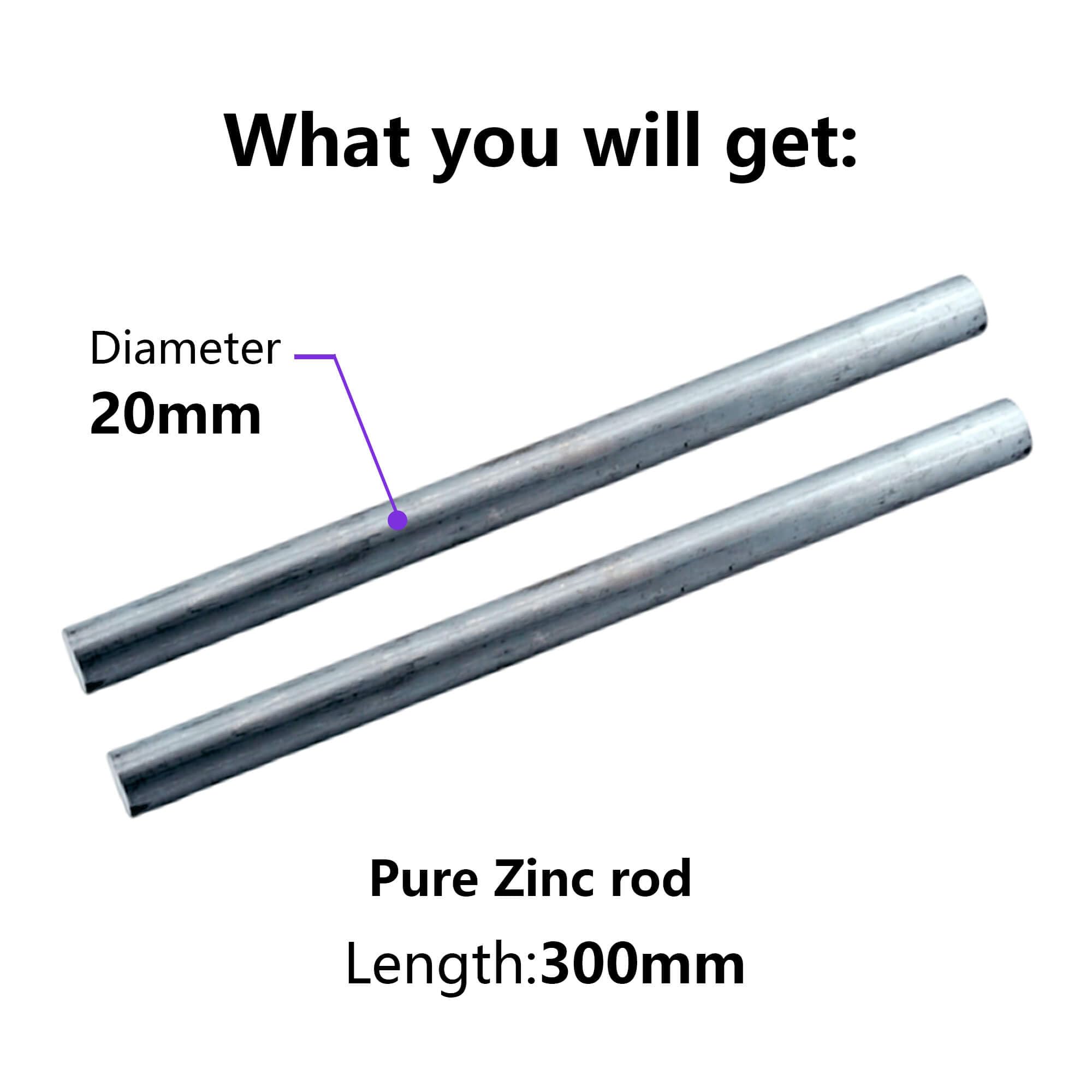 Lot de 2 tiges de zinc Anode/électrode, diamètre 20 mm, longueur : 300 mm, 2 pièces pour électrolyte de zinc/étain à tige, tige en zinc haute purité, forme cylindrique, 20 mm, 300 mm