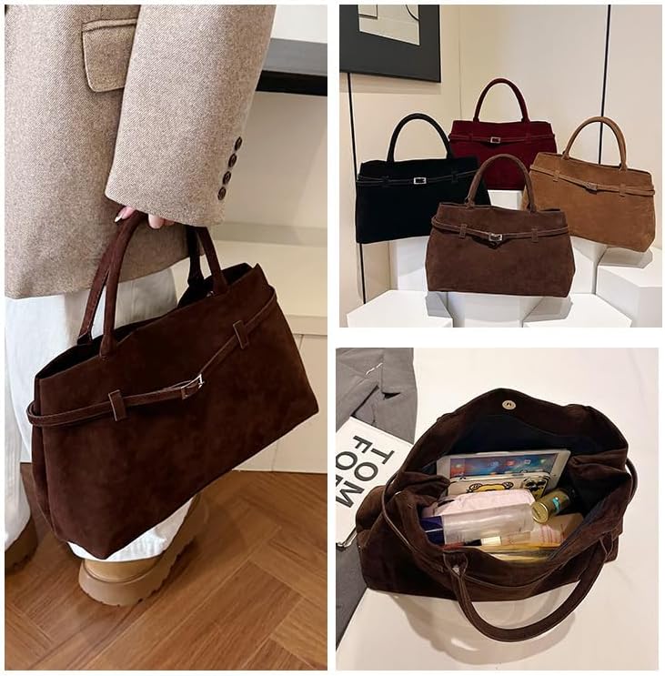 Faux Suede Tote Bags for Women - Large Suede Vintage Shoulder Satchel Bag Bucket Handbag Slouchy Hobo Bags - Image 2