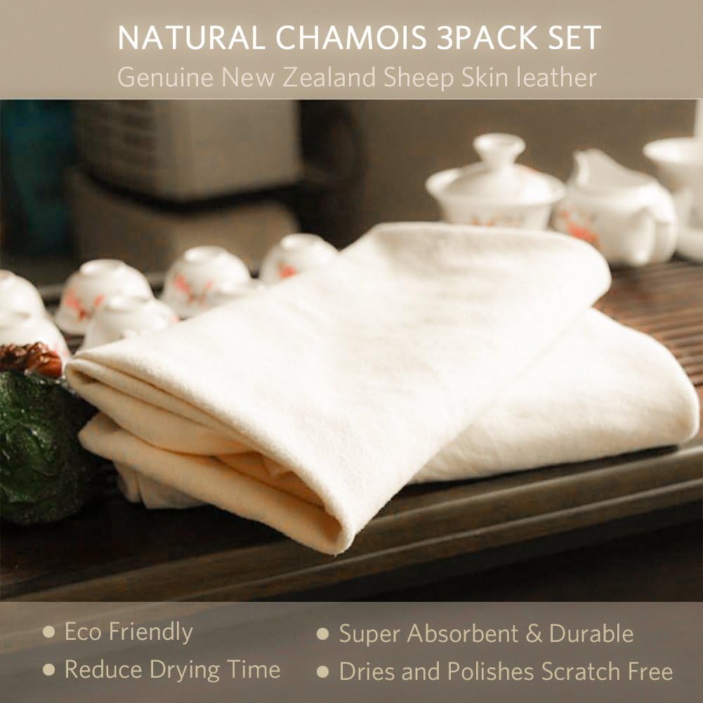 (3 Pack) Car Natural Chamois Cleaning Cloth,Absorber Towel for Car Chamois Drying Towe RIVERLAKE Genuine Deerskin Leather Auto Car Wash Drying Towel,Super Absorbent,3 Available Sizes. (L/M/S 3IN1) : Automotive