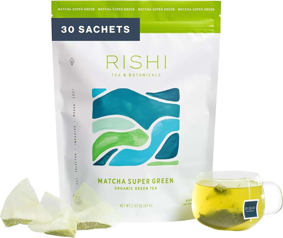Rishi Tea Matcha Super Green Japanese Tea - Organic, Caffeinated Sachet Bags, Umami, Antioxidant Rich Sencha &amp; Matcha Blend - 30 Count USDA Organic
