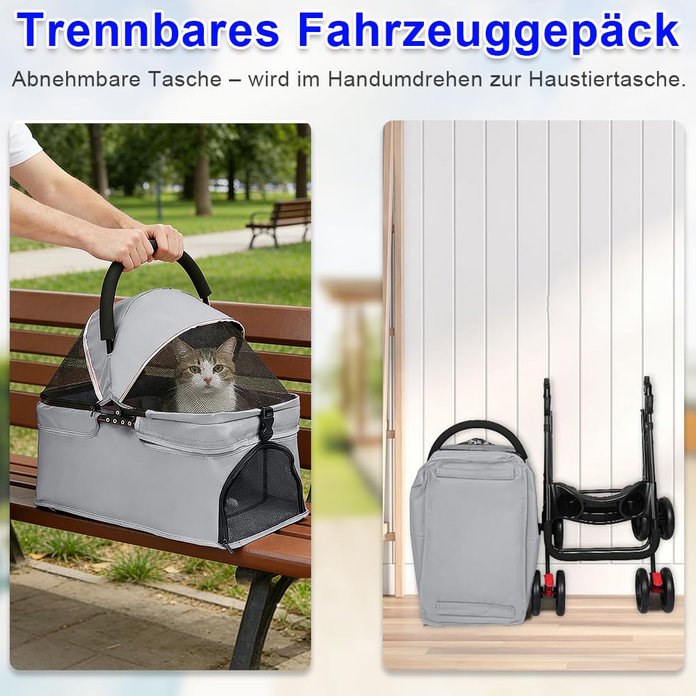 Homewell Faltbarer Hundebuggy für Hunde, Haustiere Buggy, Hundewagen mit abnehmbarer Transportbox, Getränkehaltern, Ablagefach und Netzfenstern, Klappbar, bis 20 kg (Grau)