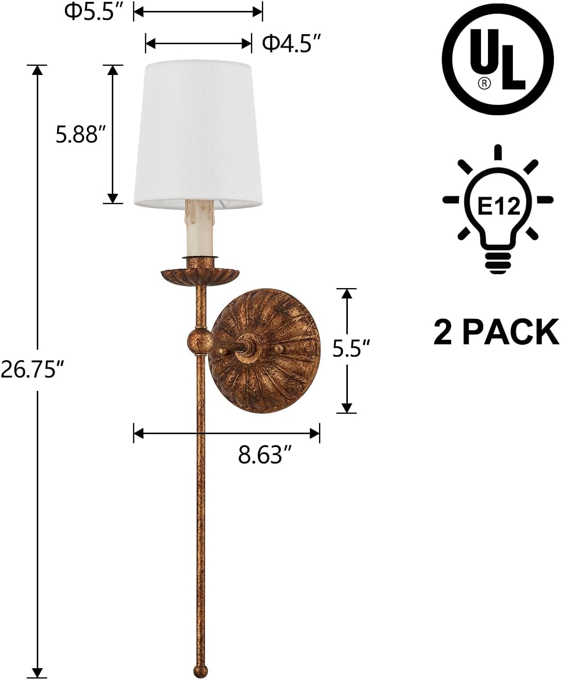 Wall Sconces Set of 2 Antique Brass Wall Lights Vintage Farmhouse Off-White Fabric Wall Lamp for Vanity Stairway Fireplace Living Room Bedside Passway Hallway
