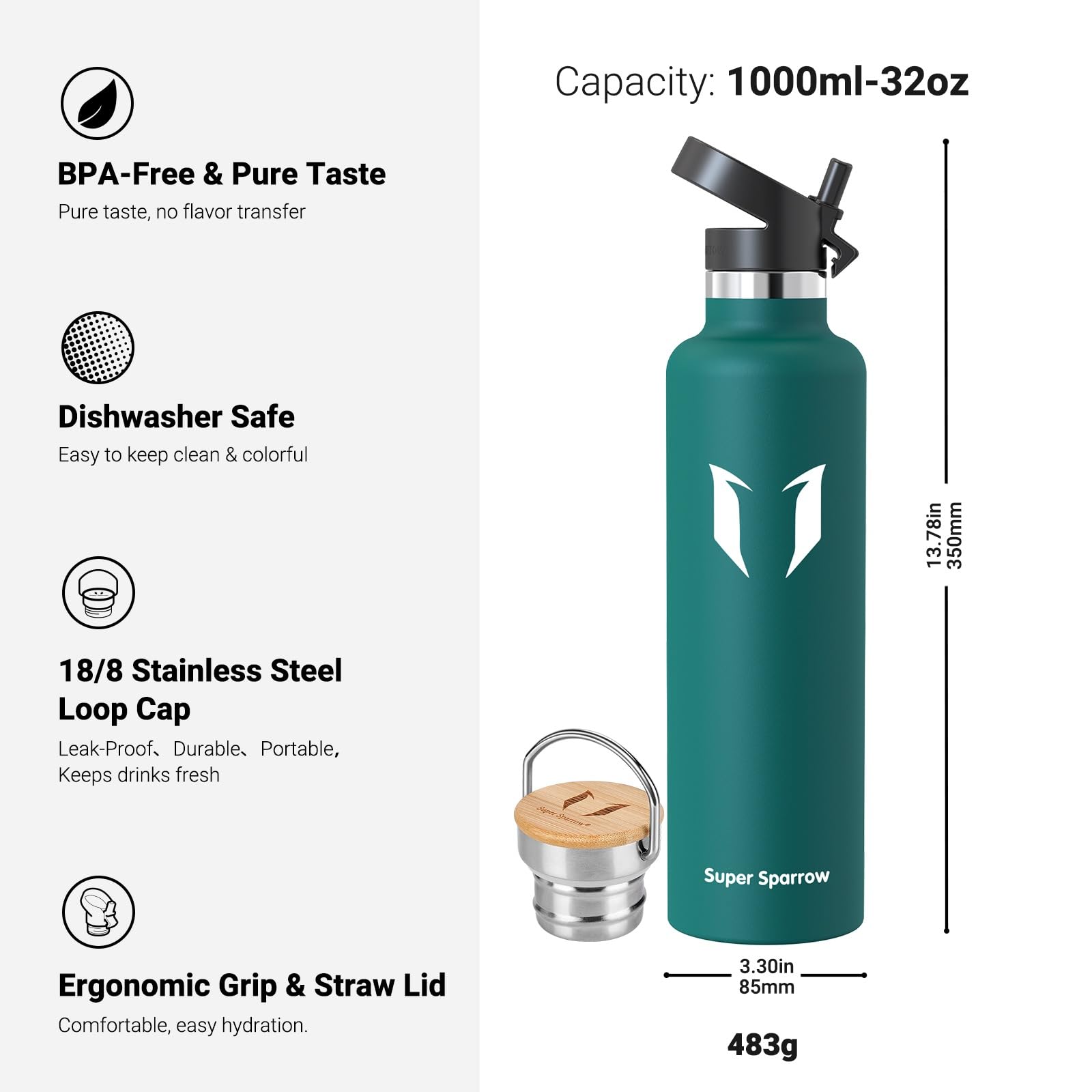 Super Sparrow Borraccia Termica - Bottiglia Termica Senza Perdite - 350ml/500ml/620ml/750ml/1L - Senza BPA Borracce Bambini - Per Scuola, Sport, Campeggio, Palestra, Ciclismo - Con 2 Tappi